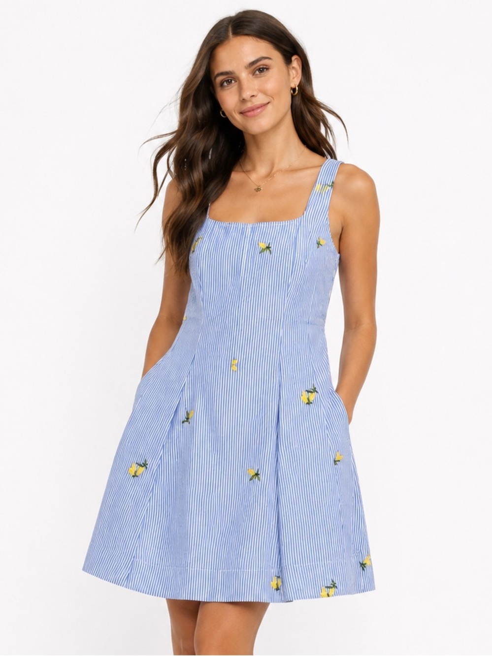 NWT Free Assembly Blue Stripe Lemon Embroidered Cotton Sun Dress M 8-10 Summer
